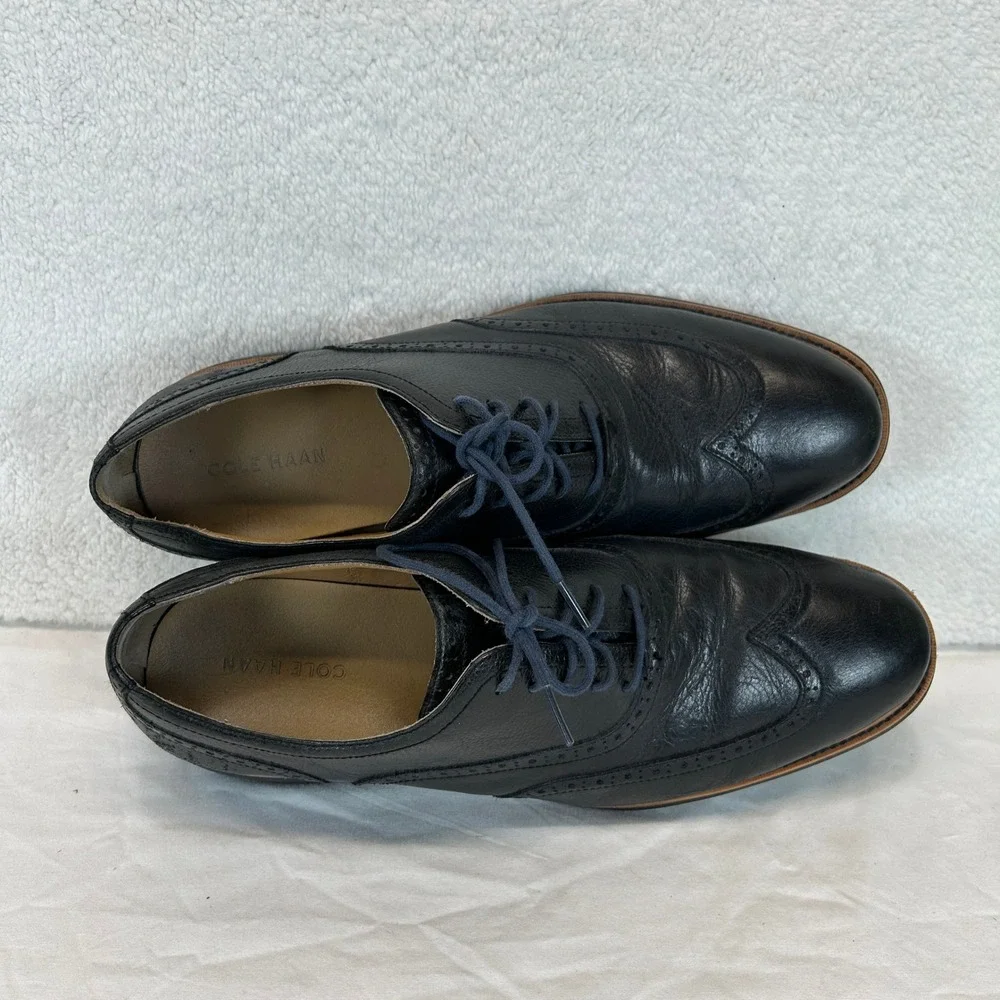 Cole Haan Mens Black Pebbled Leather Wingtip Oxford Dress Shoes Size 13